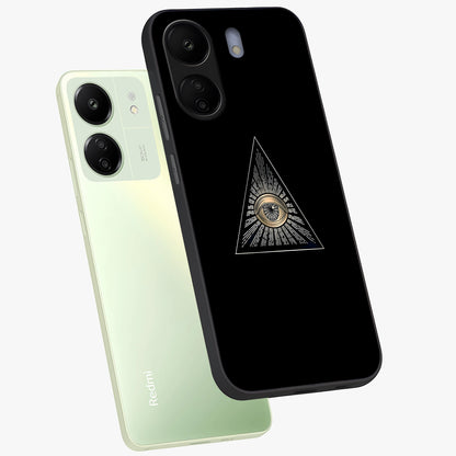 Illuminati Evil Glass Case displayed in angled mockup highlighting dark occult inspired design with bold aesthetic style.