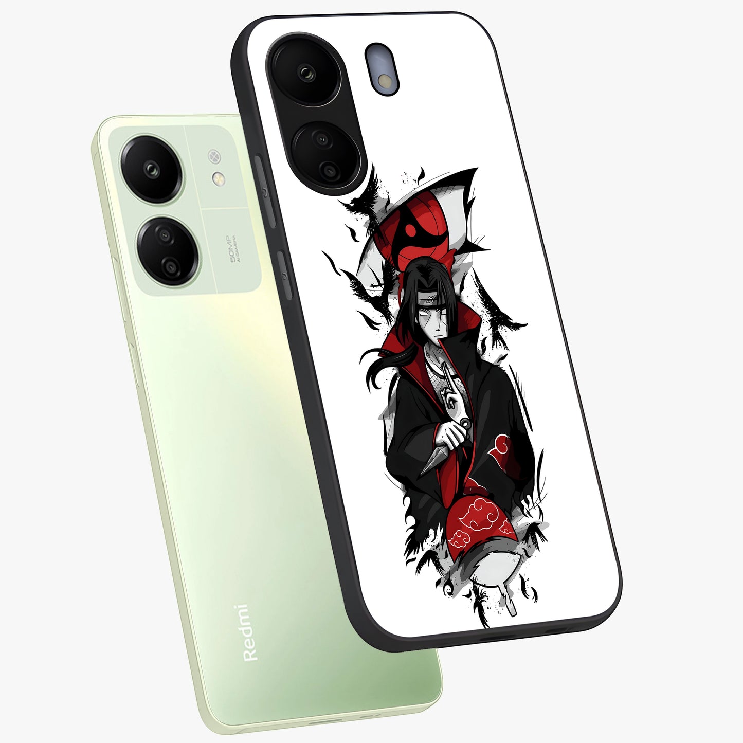 Itachi Limited Edition Naruto Anime Glass Case displayed in angled mockup highlighting dramatic anime illustration with bold action aesthetic.
