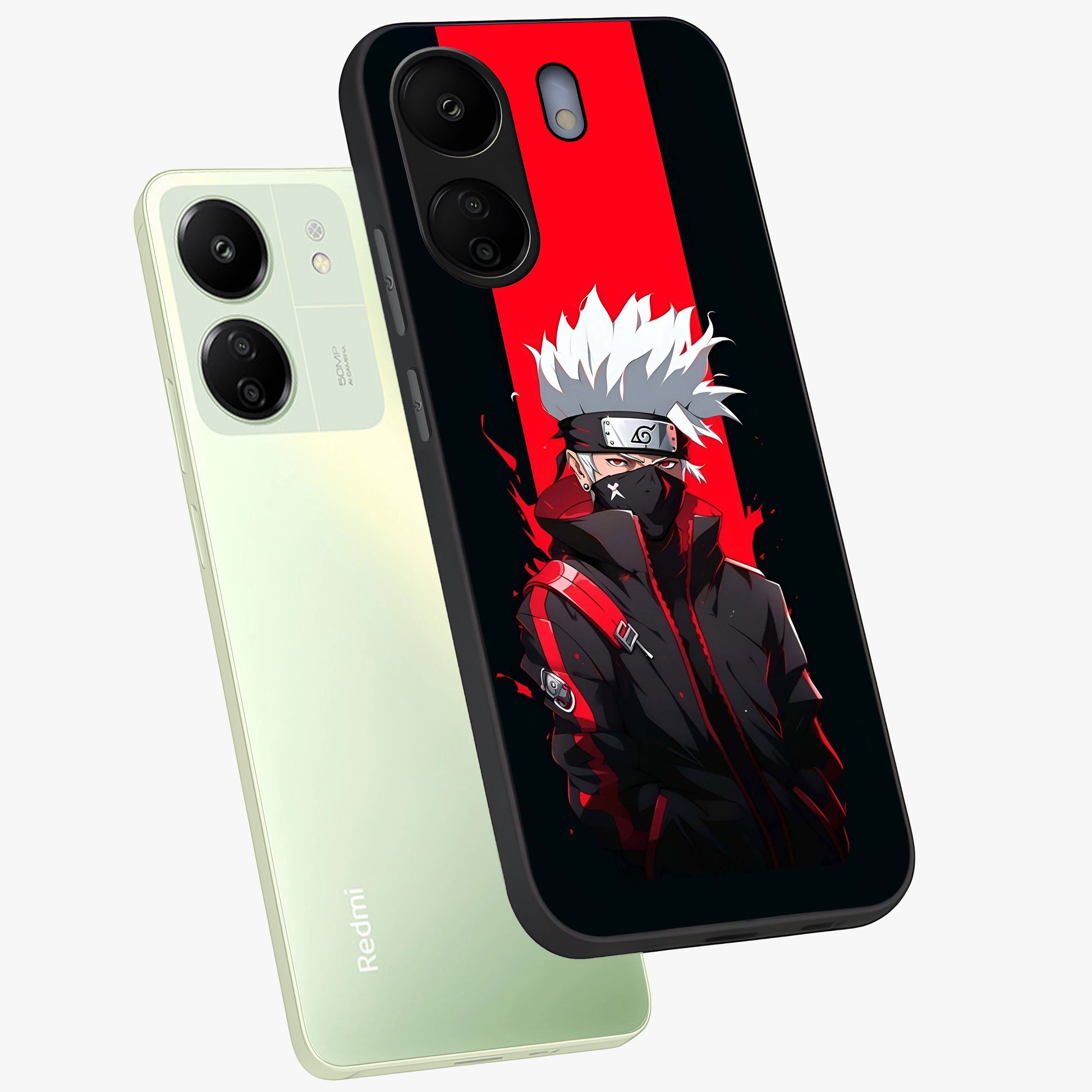 Kakashi Scarlet Shadow Glass Case displayed in angled mockup highlighting dramatic ninja illustration with scarlet themed aesthetic.