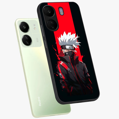 Kakashi Scarlet Shadow Glass Case displayed in angled mockup highlighting dramatic ninja illustration with scarlet themed aesthetic.