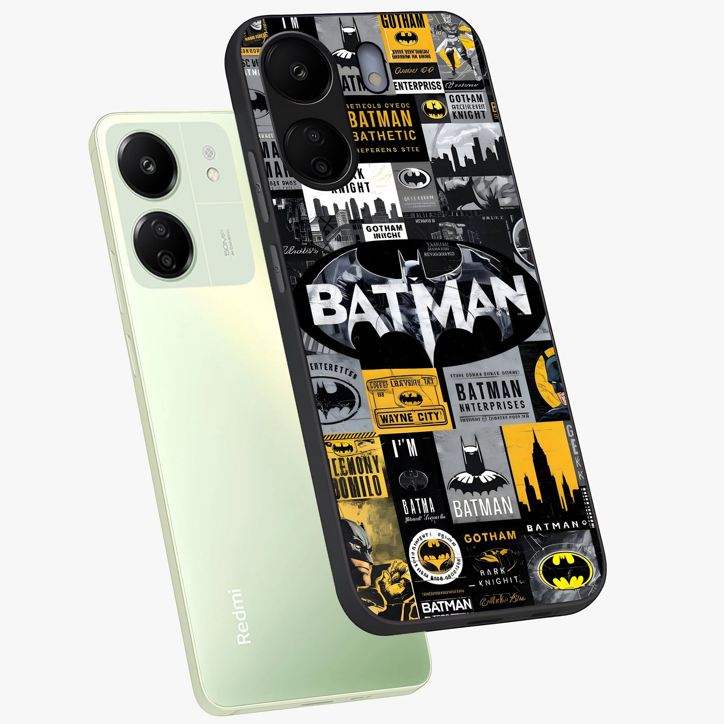 Knight Gotham Rise Glass Case displayed in angled mockup highlighting powerful knight silhouette design with dramatic aesthetic.