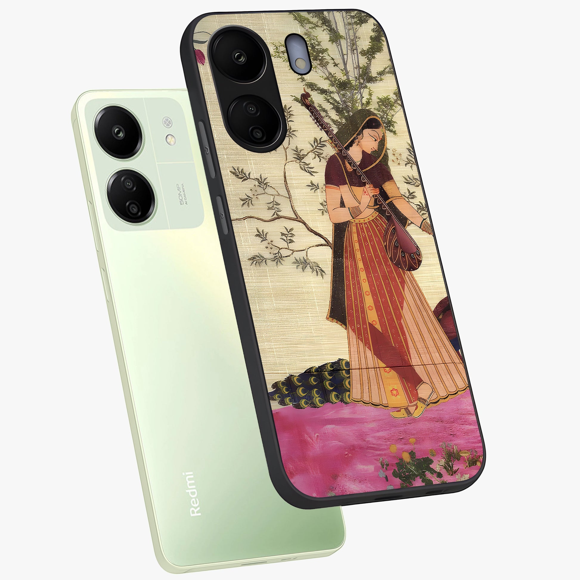 Lady With Veena Art Glass Case displayed in angled mockup highlighting graceful musical illustration with cultural artistic aesthetic.