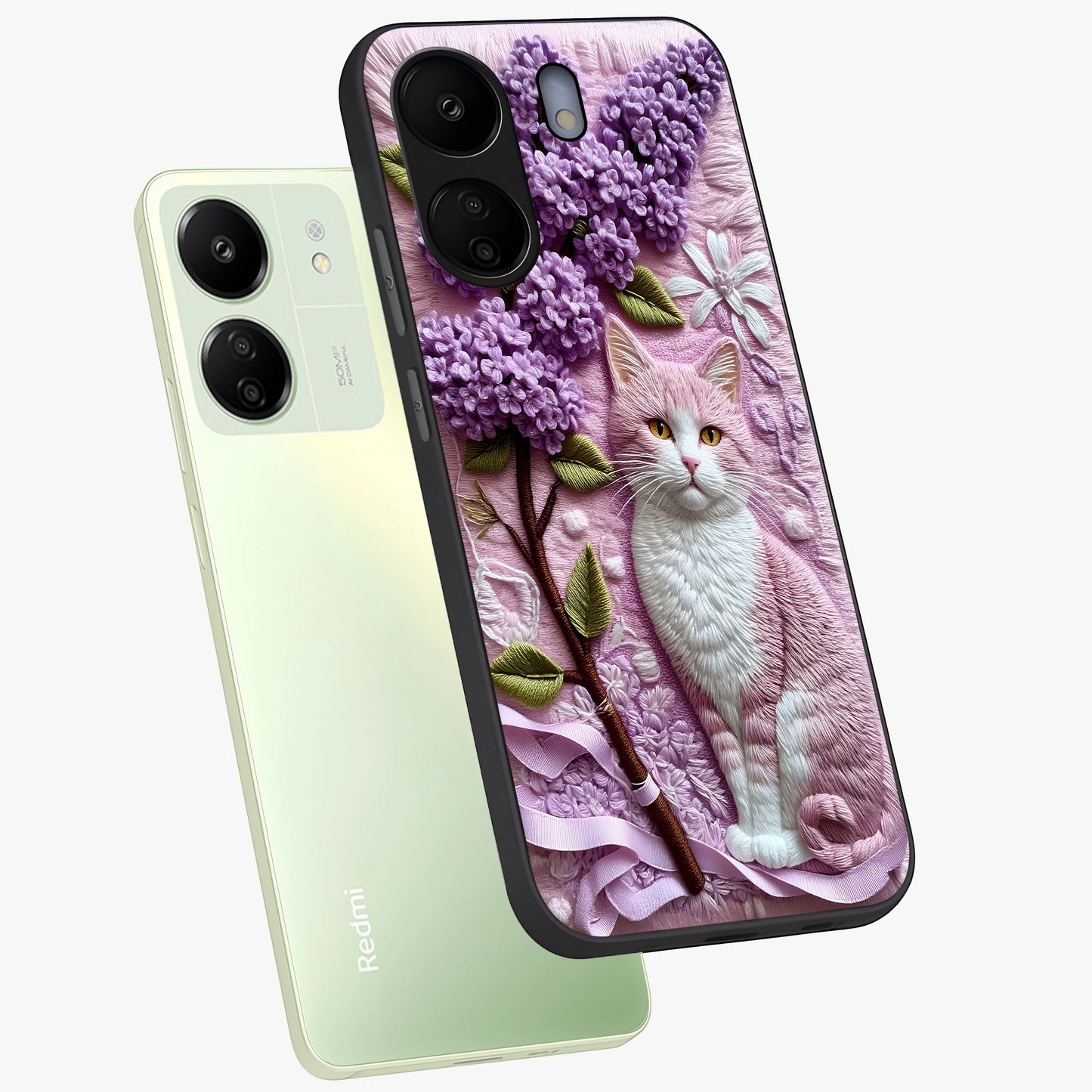 Lavender Cat Whimsy Glass Case displayed in angled mockup highlighting playful feline illustration with pastel lavender aesthetic.
