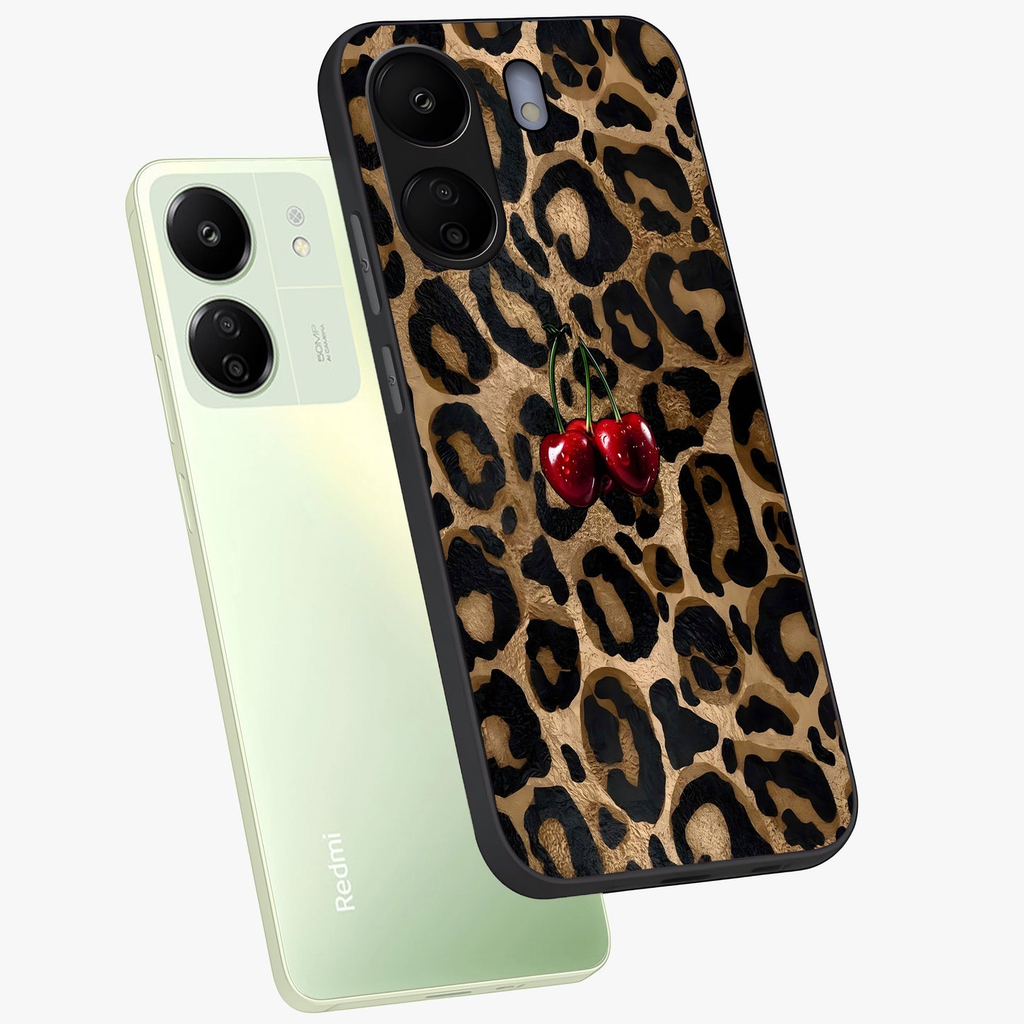 Leopard Wild Cherry Glass Case displayed in angled mockup highlighting bold animal print design with playful cherry aesthetic.