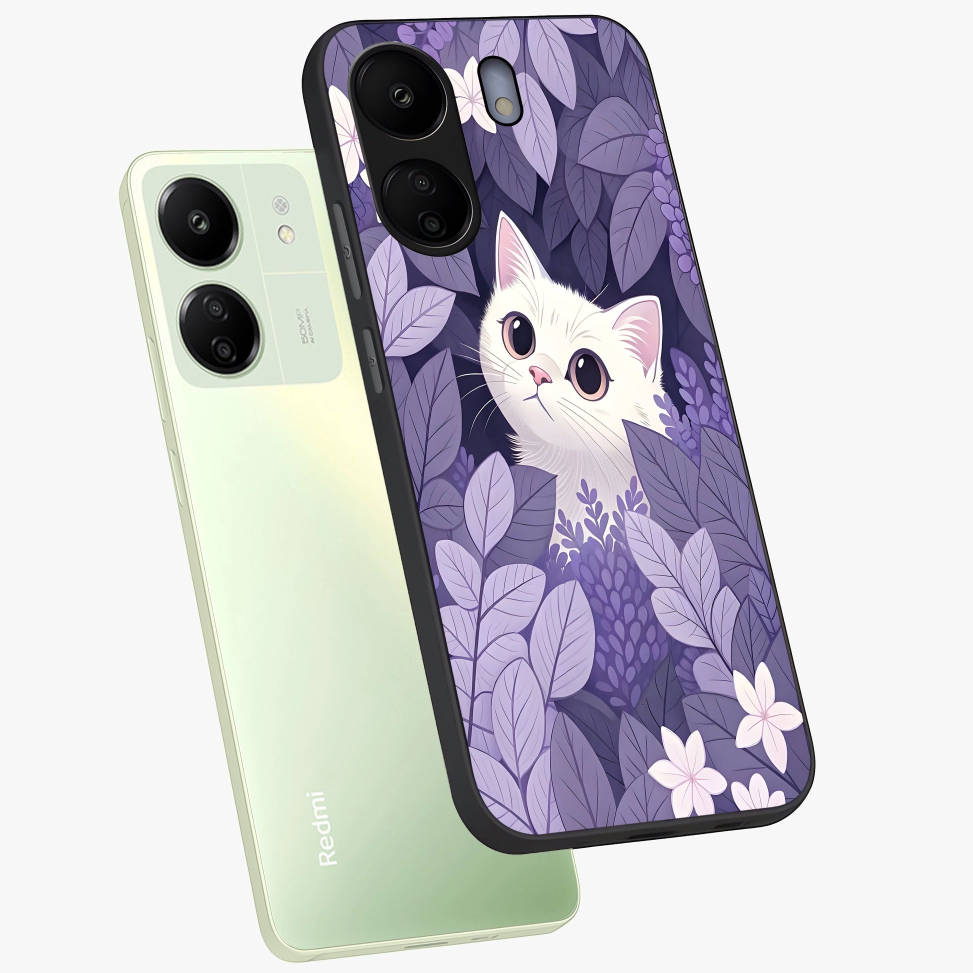 Lilac Hide Peek Cat Glass Case displayed in angled mockup highlighting playful feline illustration with lilac aesthetic design.