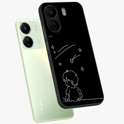 Line Art Boy With Shooting Stars Glass Case displayed in angled mockup highlighting elegant line art design with dreamy star aesthetic.