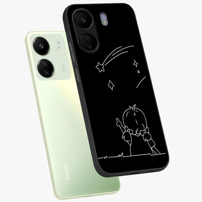 Line Art Girl With Shooting Stars Glass Case displayed in angled mockup highlighting elegant line art design with dreamy star aesthetic.