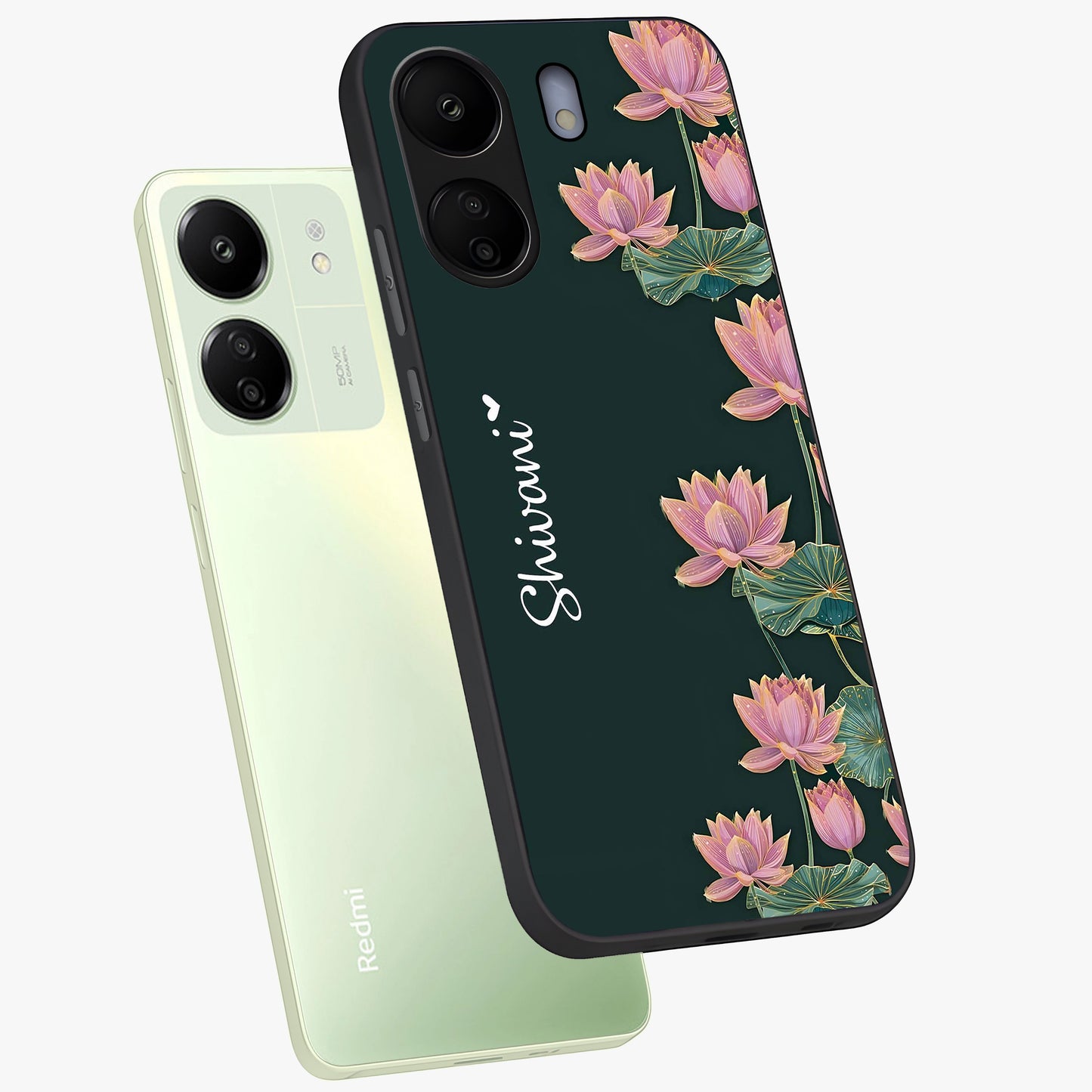 Lotus Bloom Serenity Custom Name Glass Case displayed in angled mockup highlighting graceful lotus illustration with custom name feature.