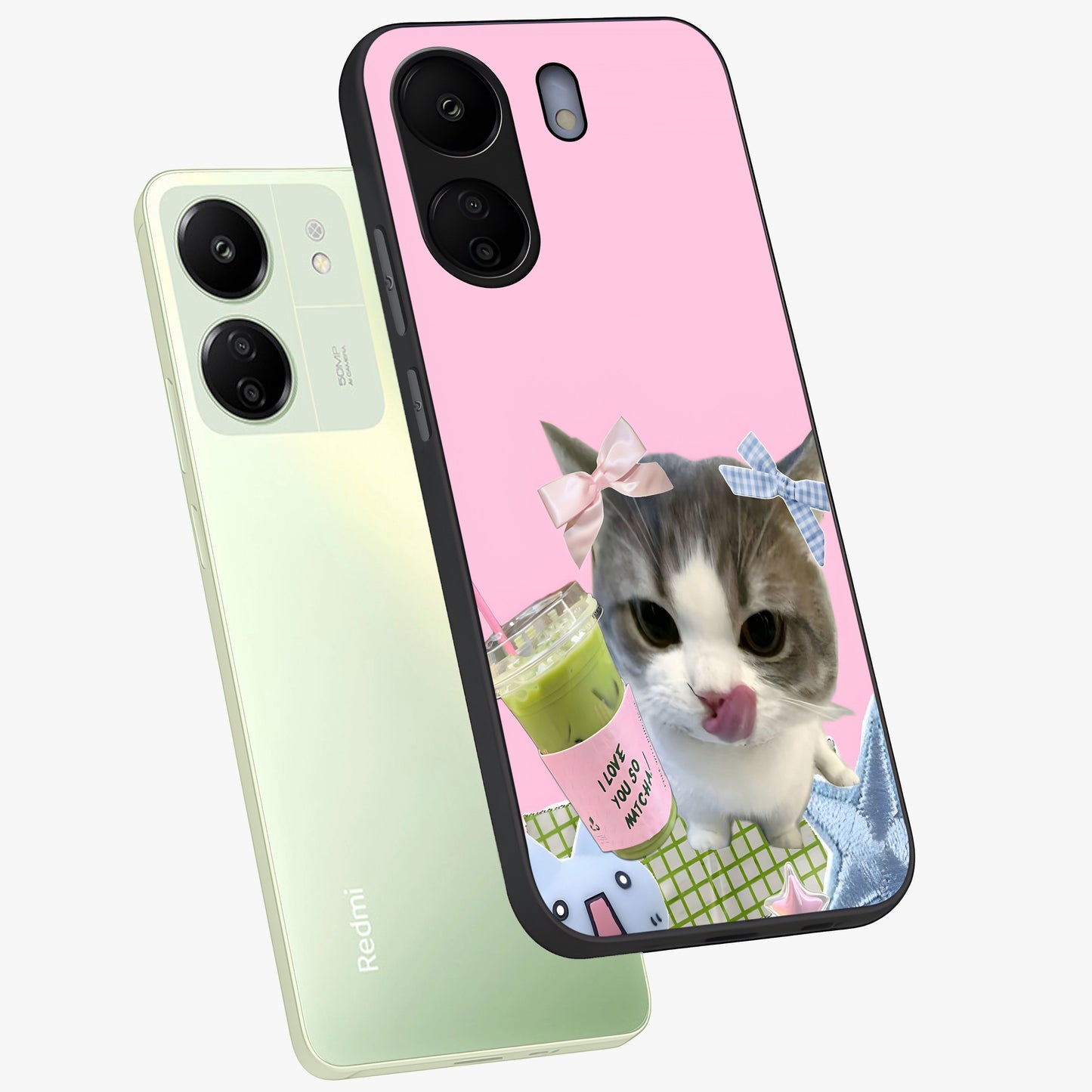 Love Matcha Cat Glass Case displayed in angled mockup highlighting playful feline illustration with cozy matcha aesthetic.
