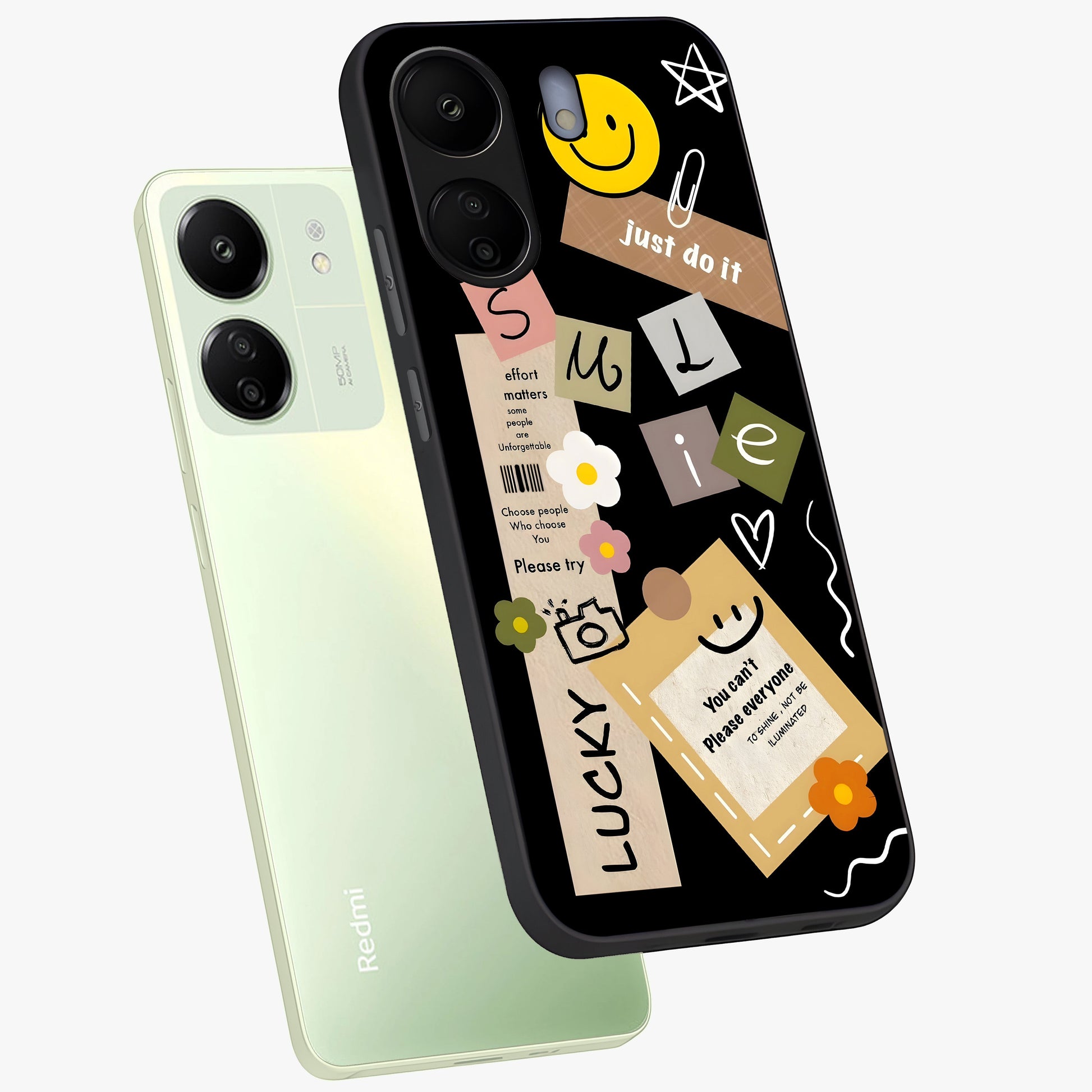 Lucky Aesthetic Collage Glass Case displayed in angled mockup highlighting stylish collage pattern with modern aesthetic vibe.