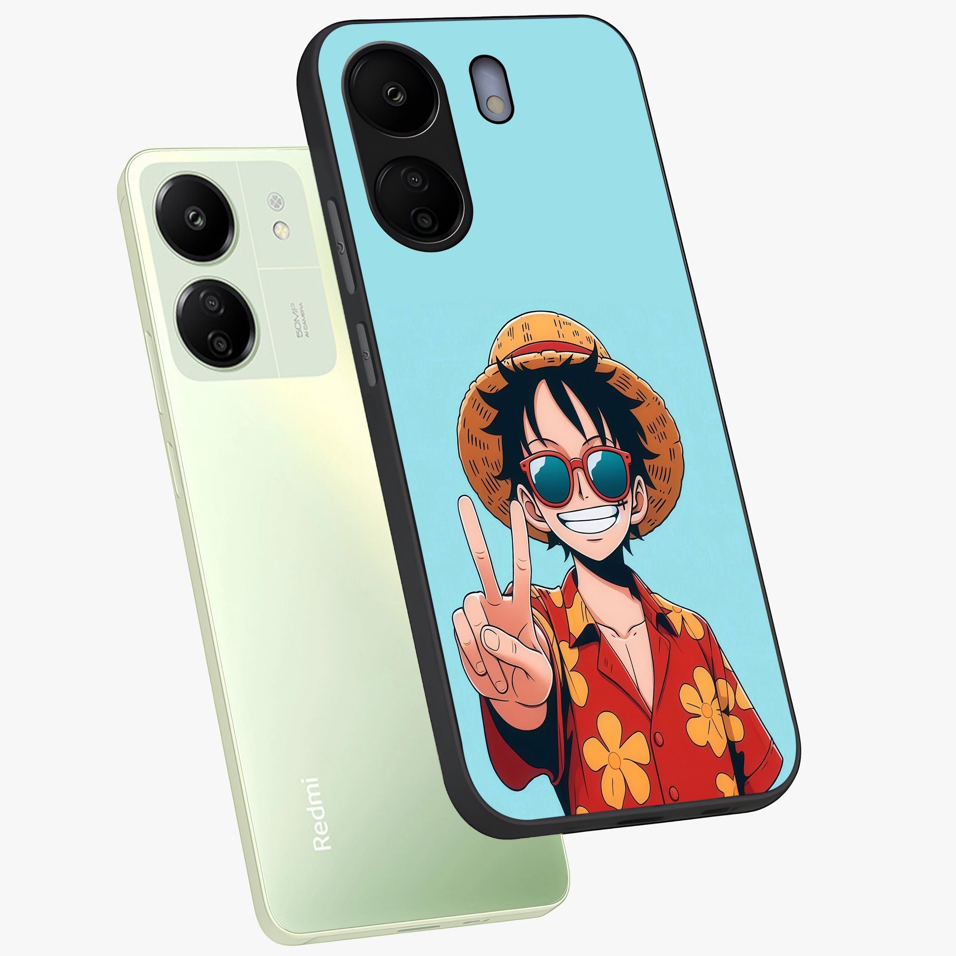 Luffy Summer Anime Vibe Glass Case displayed in angled mockup highlighting energetic anime illustration with summer vibe aesthetic.