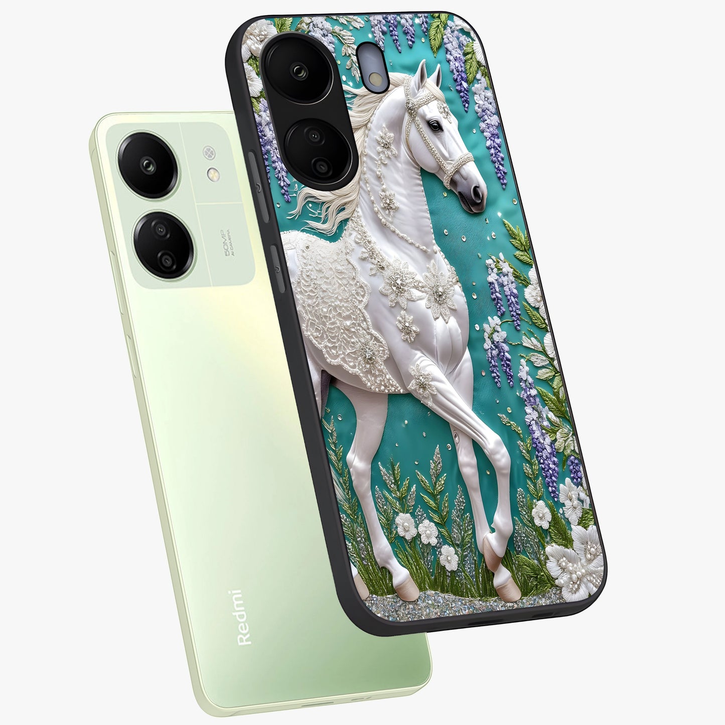 Majestic Floral Stallion Glass Case displayed in angled mockup highlighting majestic stallion illustration with elegant floral aesthetic.