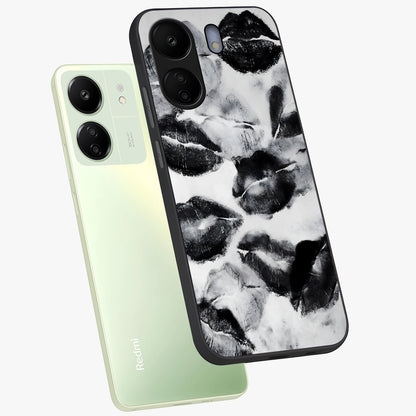 Midnight Kiss Marks Glass Case displayed in angled mockup highlighting playful romantic design with bold midnight aesthetic.