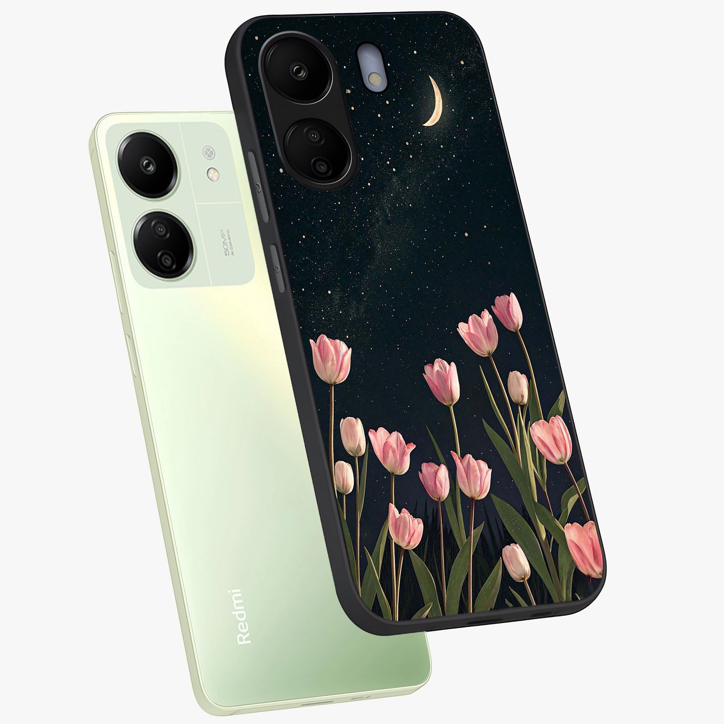 Midnight Tulip Whispers Vibe Glass Case displayed in angled mockup highlighting delicate tulip design with midnight floral aesthetic.