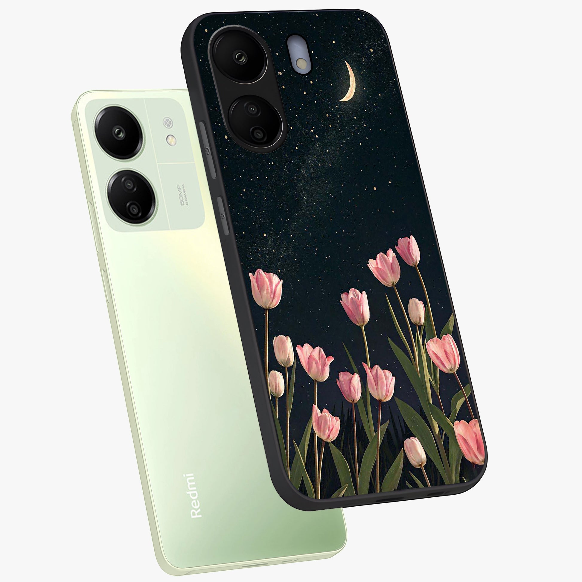 Midnight Tulip Whispers Vibe Glass Case displayed in angled mockup highlighting delicate tulip design with midnight floral aesthetic.