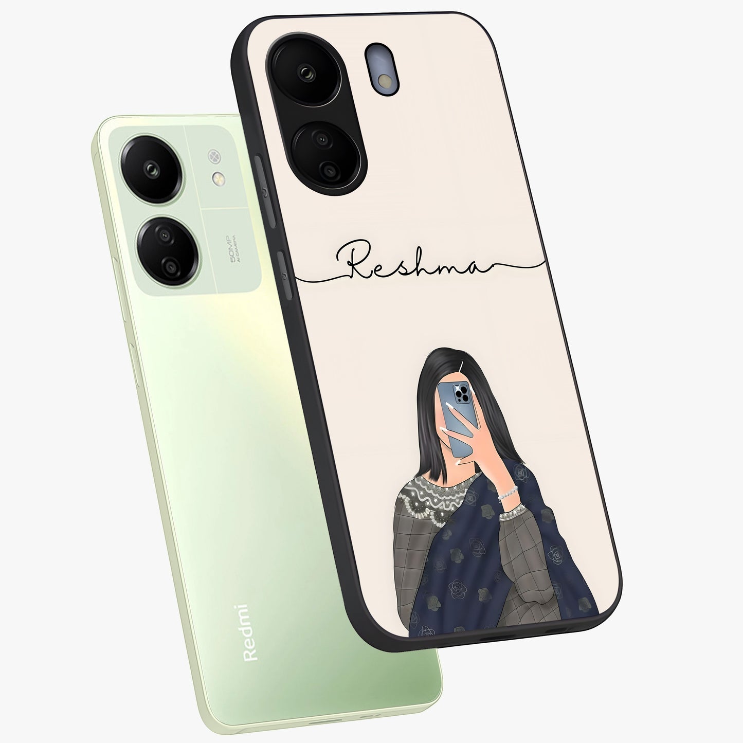 Mirror Mood Muse With Custom Name Glass Case displayed in angled mockup highlighting aesthetic mirror inspired design with custom name feature.