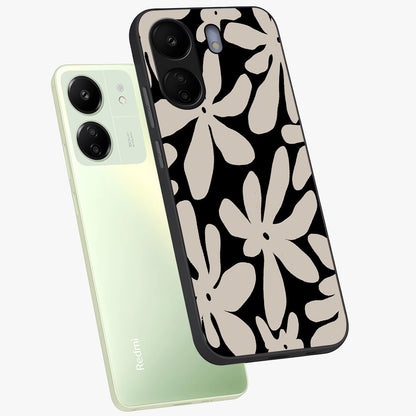 Monochrome Petal Dance Glass Case displayed in angled mockup highlighting elegant petal design with black and white aesthetic.