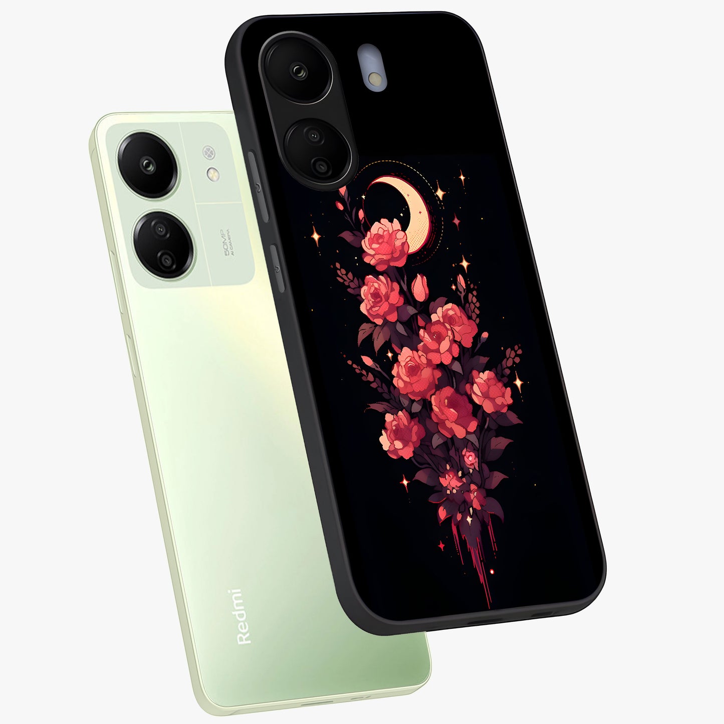 Moonlit Floral Elegance Glass Case displayed in angled mockup highlighting graceful flower design with soft moonlight aesthetic.