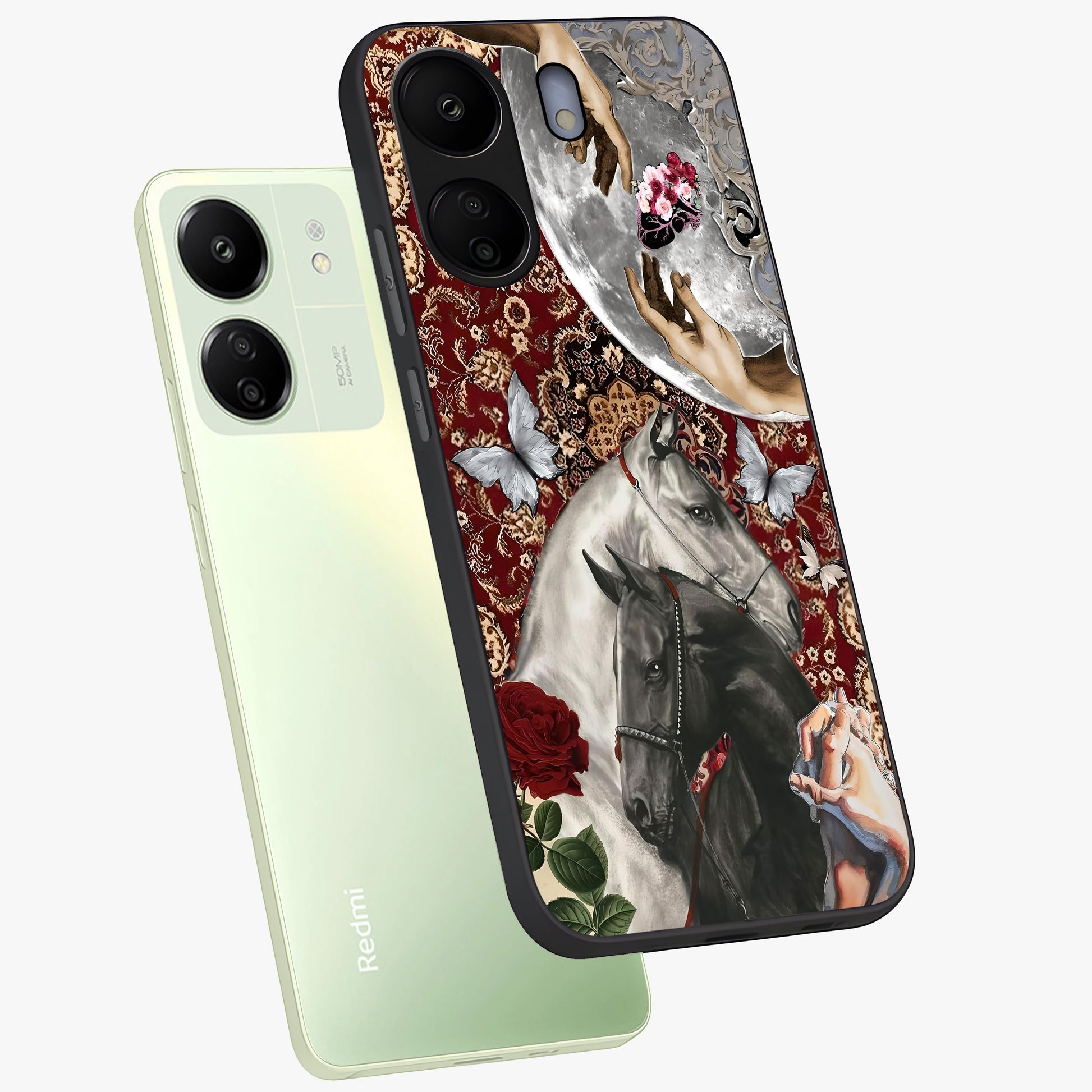 Moonlit Royal Stallion Glass Case displayed in angled mockup highlighting powerful stallion illustration with royal night aesthetic.