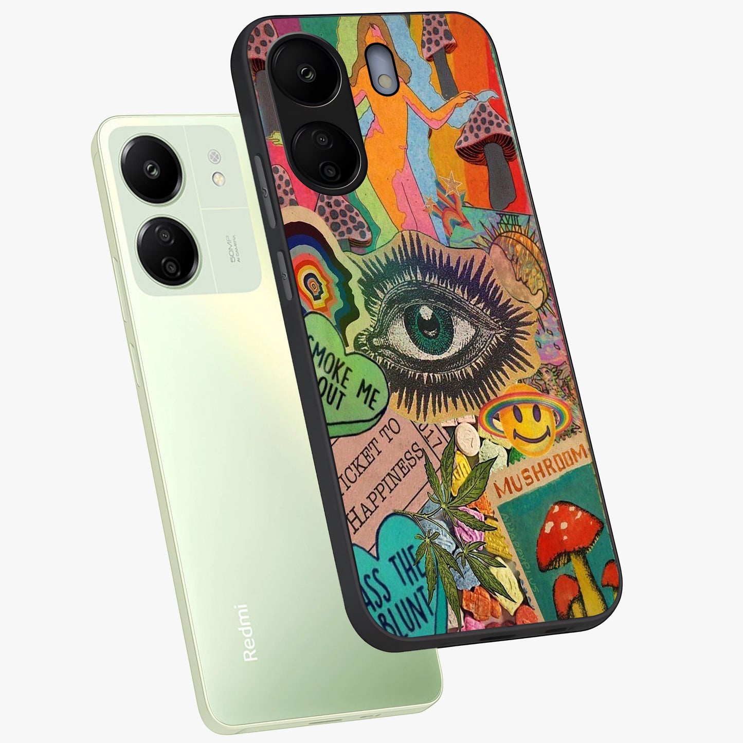 Mystic Eye Wonderland Glass Case displayed in angled mockup highlighting magical eye illustration with dreamy aesthetic.