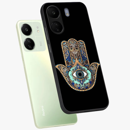 Mystic Hamsa Eye Glass Case displayed in angled mockup highlighting spiritual hamsa symbol with mystical aesthetic style.
