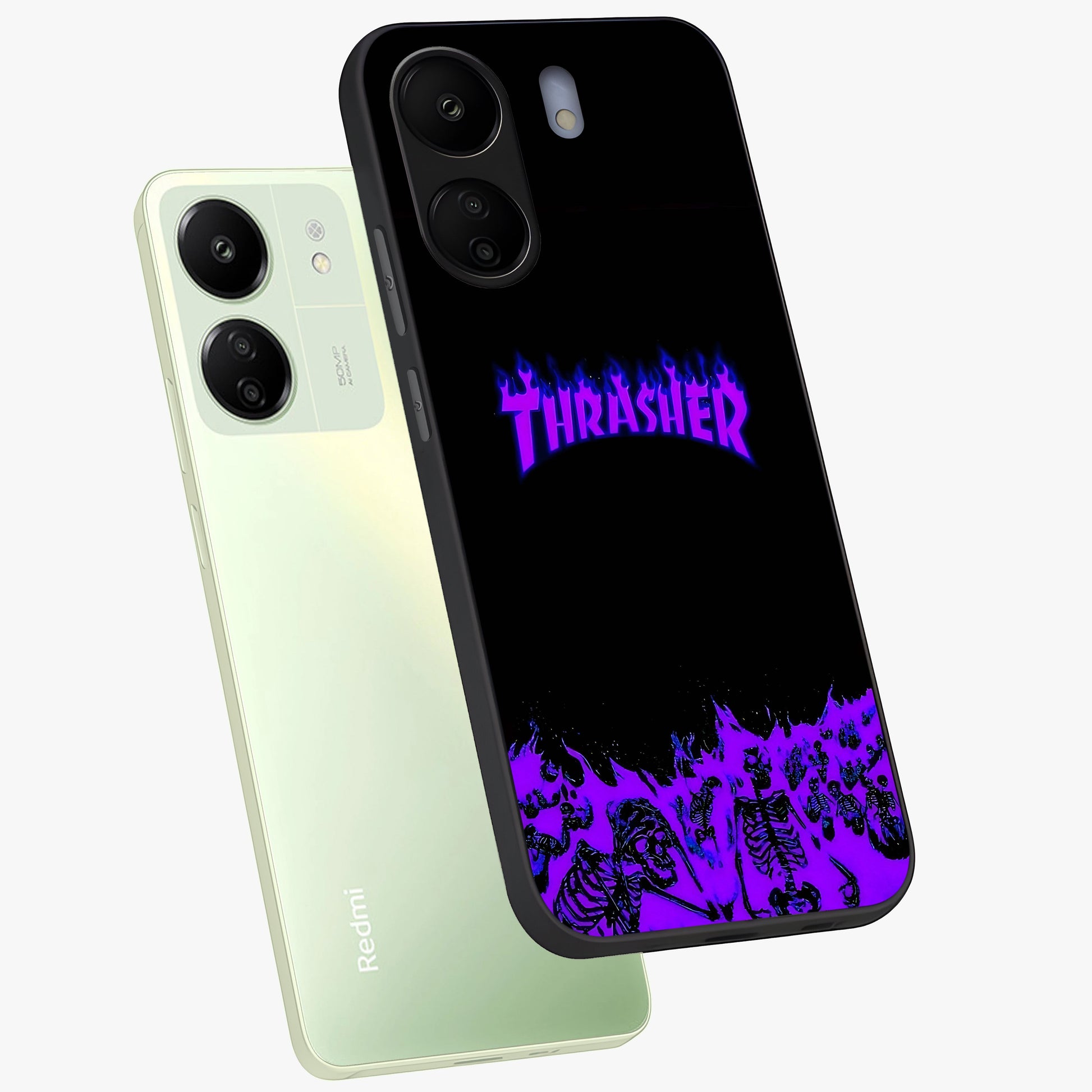 Neon Flame Riot Glass Case displayed in angled mockup highlighting glowing flame design with vibrant neon aesthetic.