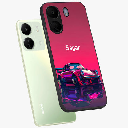 Neon Pink Porsche Glass Case displayed in angled mockup highlighting sleek neon pink car design with racing aesthetic.