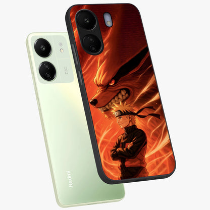 Nine Tails Legacy Glass Case displayed in angled mockup highlighting dynamic anime beast illustration with bold mystical aesthetic.
