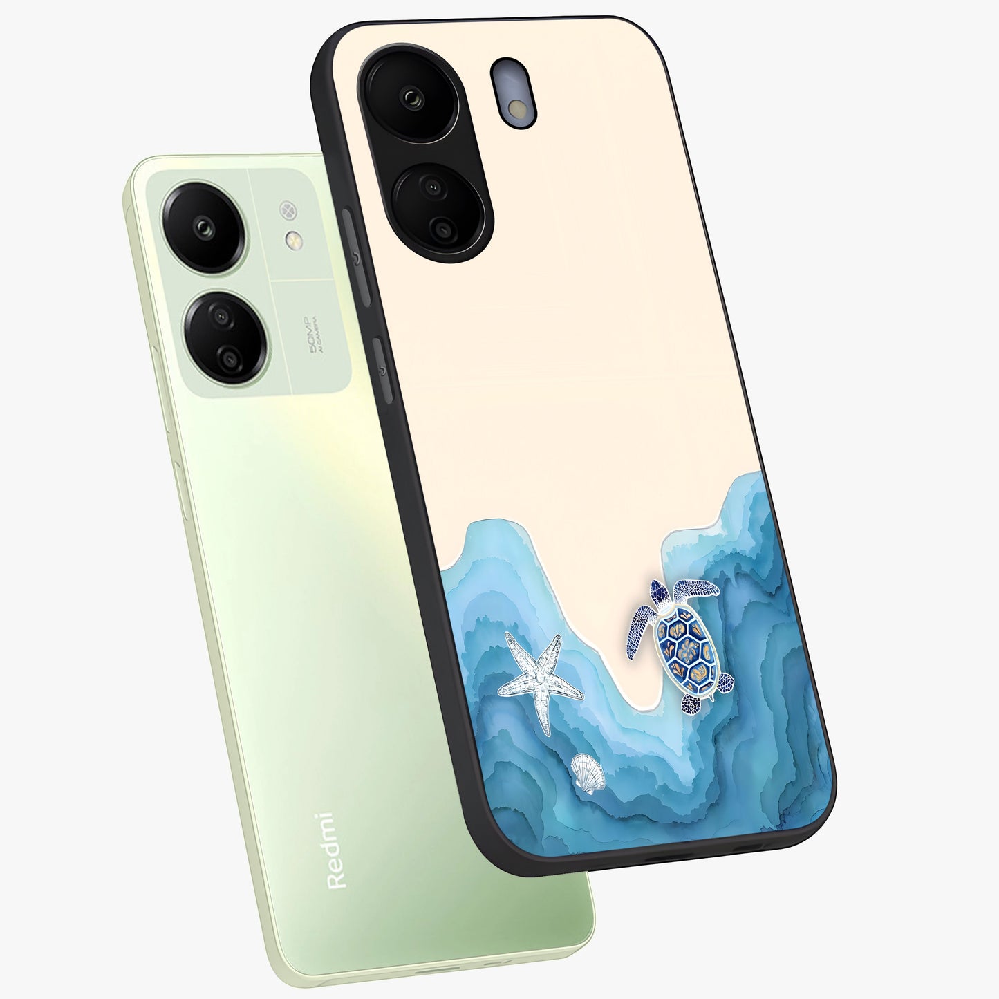 Ocean Drift Turtle Glass Case displayed in angled mockup highlighting peaceful ocean turtle illustration with marine aesthetic.