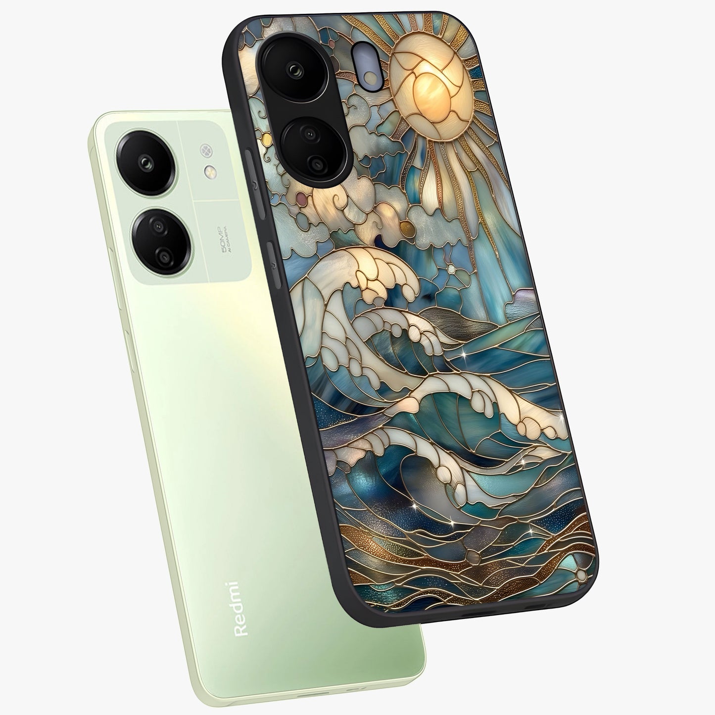 Oceanic Stained Printed Glass Case displayed in angled mockup highlighting colorful aquatic design with artistic aesthetic style.