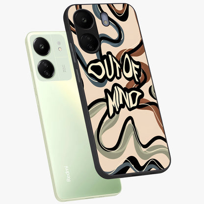 Out Of Mind Glass Case displayed in angled mockup highlighting bold statement design with modern artistic aesthetic.