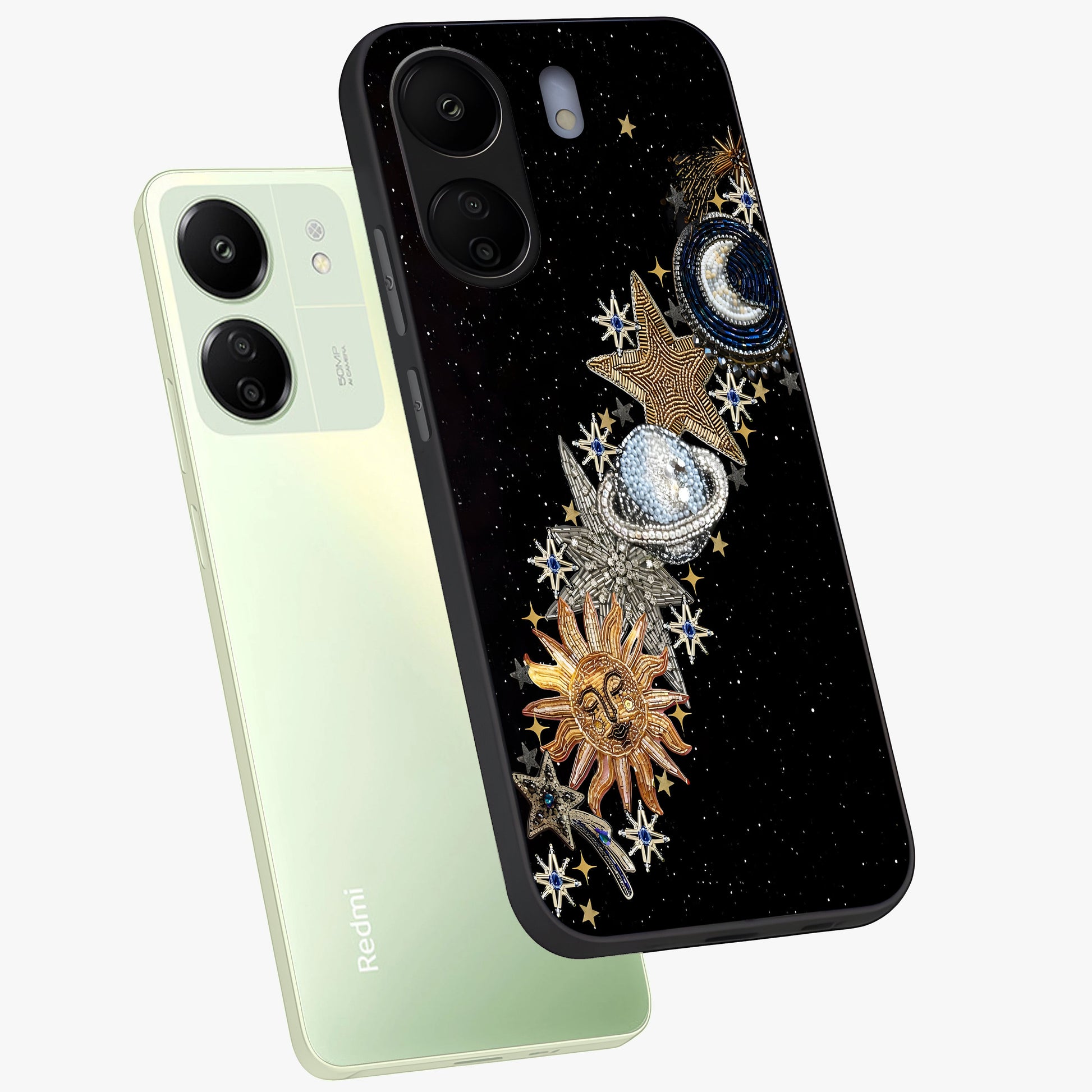 Pearls Universe Object Glass Case displayed in angled mockup highlighting celestial pearl design with dreamy aesthetic.