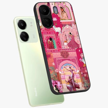 Pink Palace Muse Glass Case displayed in angled mockup highlighting dreamy palace illustration with soft pink aesthetic.