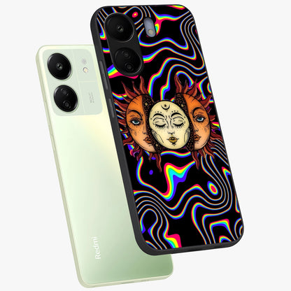 Psychedelic Sun Glass Case displayed in angled mockup highlighting vibrant abstract sun design with artistic aesthetic style.