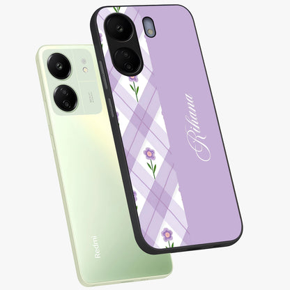 Purple Diamond Floral Glass Case displayed in angled mockup highlighting elegant purple flower design with decorative pattern.
