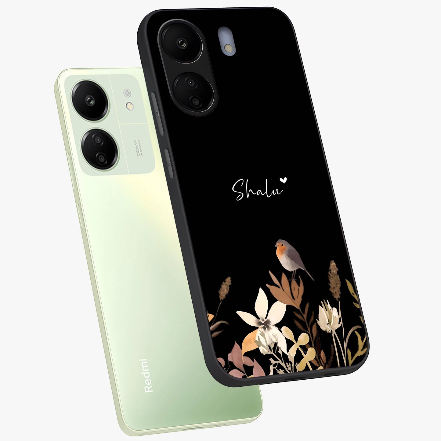 Quiet Garden Tune Custom Name Glass Case displayed in angled mockup highlighting delicate floral garden design with custom name feature.