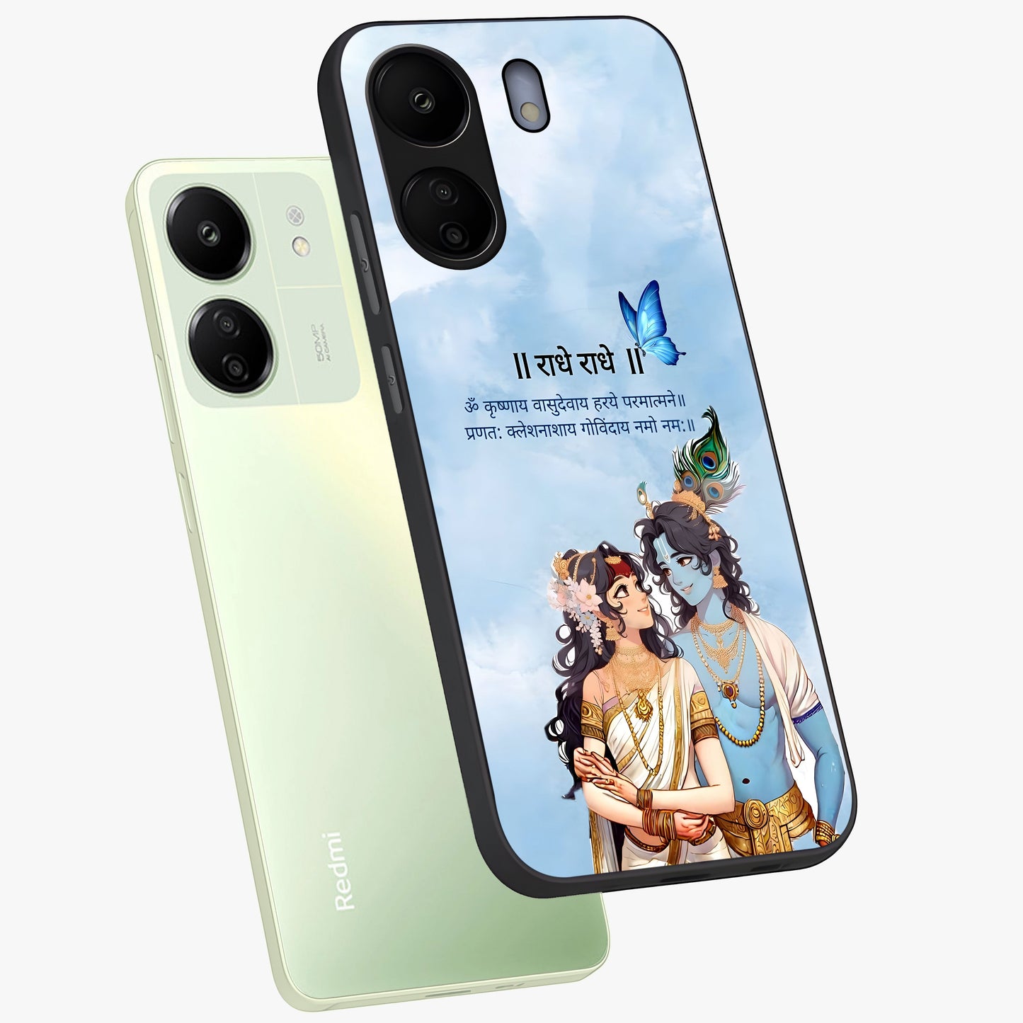 Radha Krishna Eternal Glass Case displayed in angled mockup highlighting divine Radha Krishna illustration with spiritual aesthetic.
