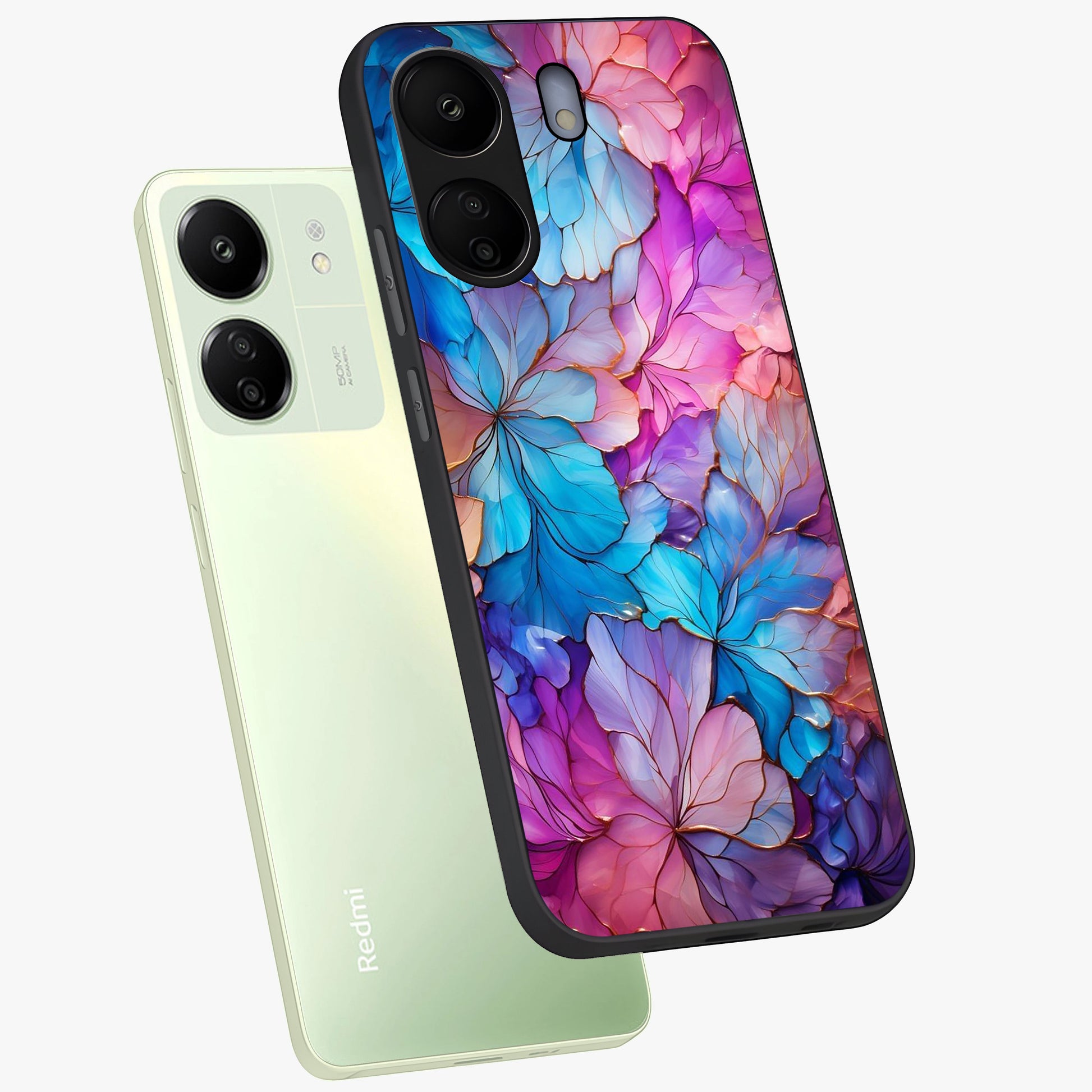 Radiant Floral Whirl Glass Case displayed in angled mockup highlighting vibrant flower pattern with dynamic artistic aesthetic.