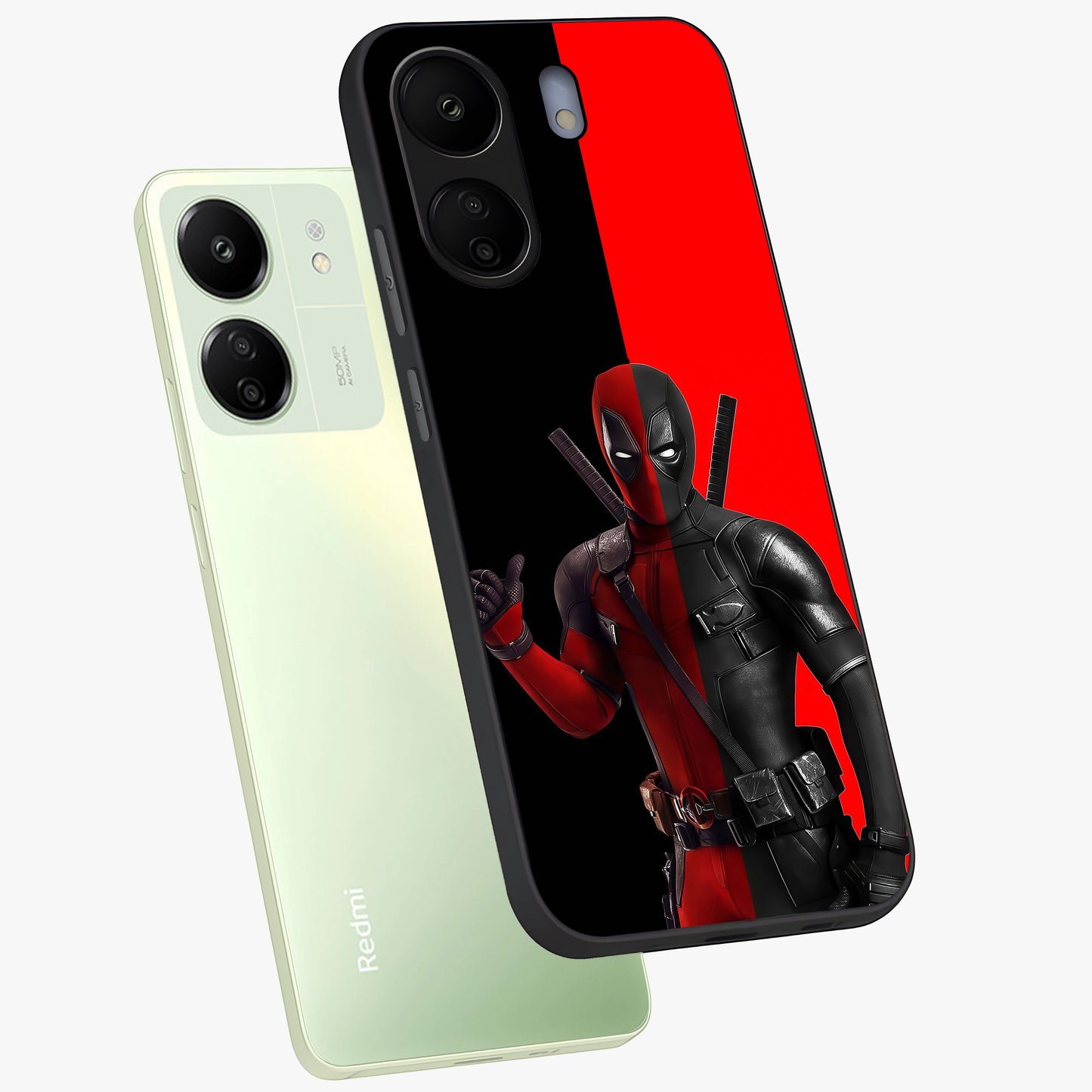 Red & Black Deadpool Theme Glass Case displayed in angled mockup highlighting vibrant superhero style illustration with action aesthetic.