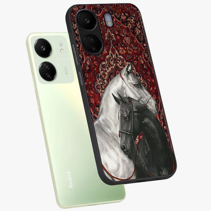 Regal Stallion Tapestry Glass Case displayed in angled mockup highlighting royal stallion design with decorative heritage aesthetic.