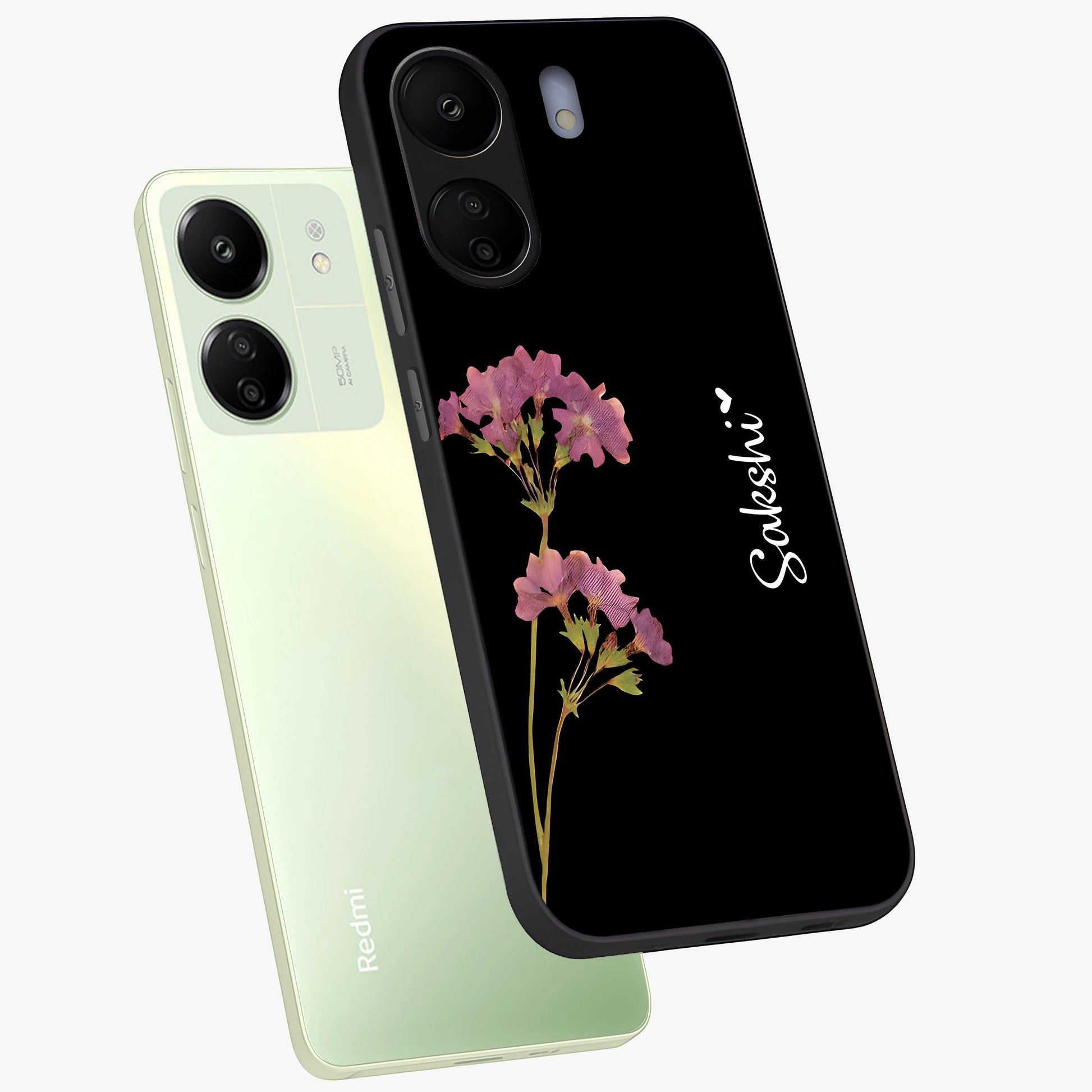 Riching Lavender Flower Custom Name Glass Case displayed in angled mockup highlighting delicate lavender flower design with custom name feature.
