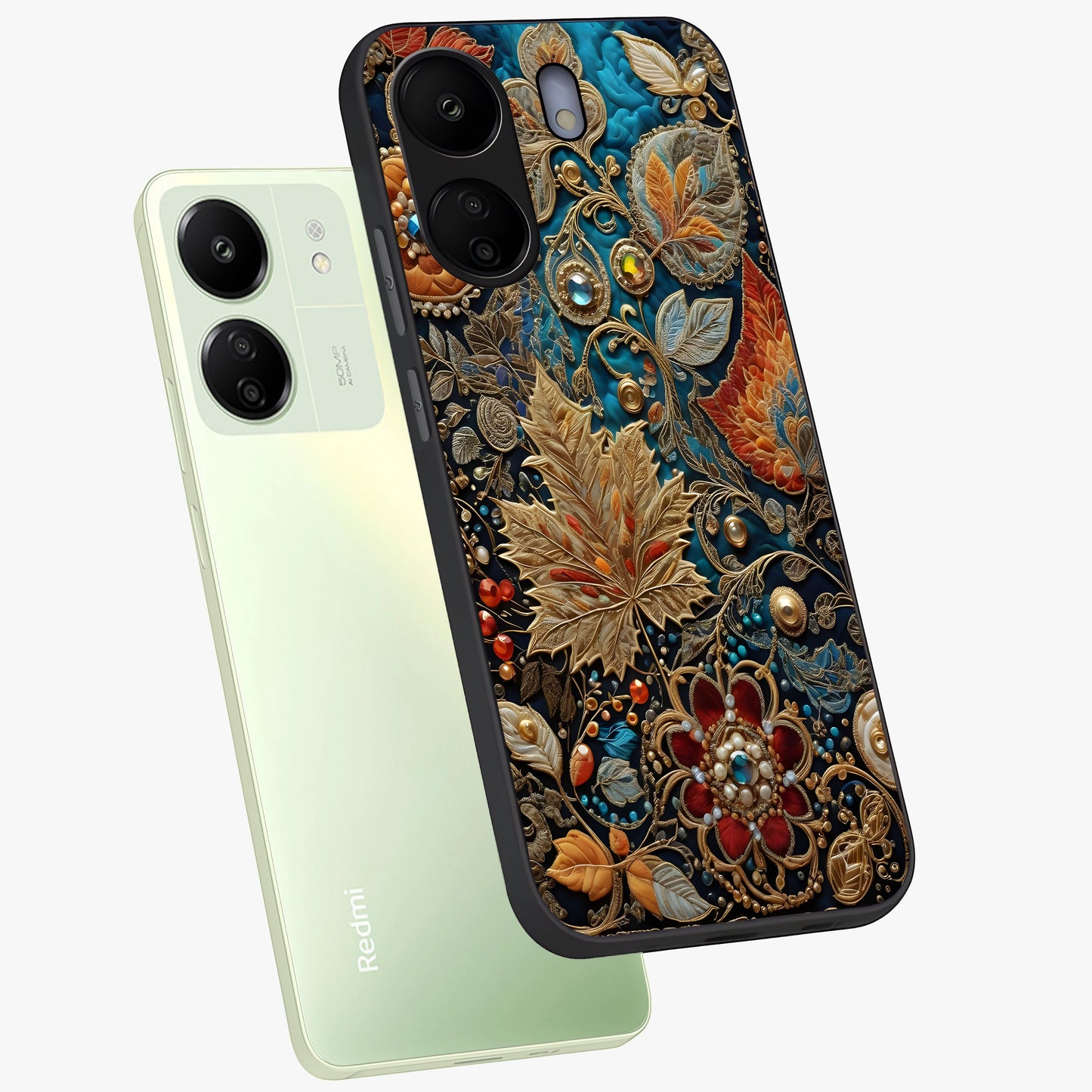 Royal Jewel Garden Glass Case displayed in angled mockup highlighting vibrant jewel inspired floral design with elegant aesthetic.