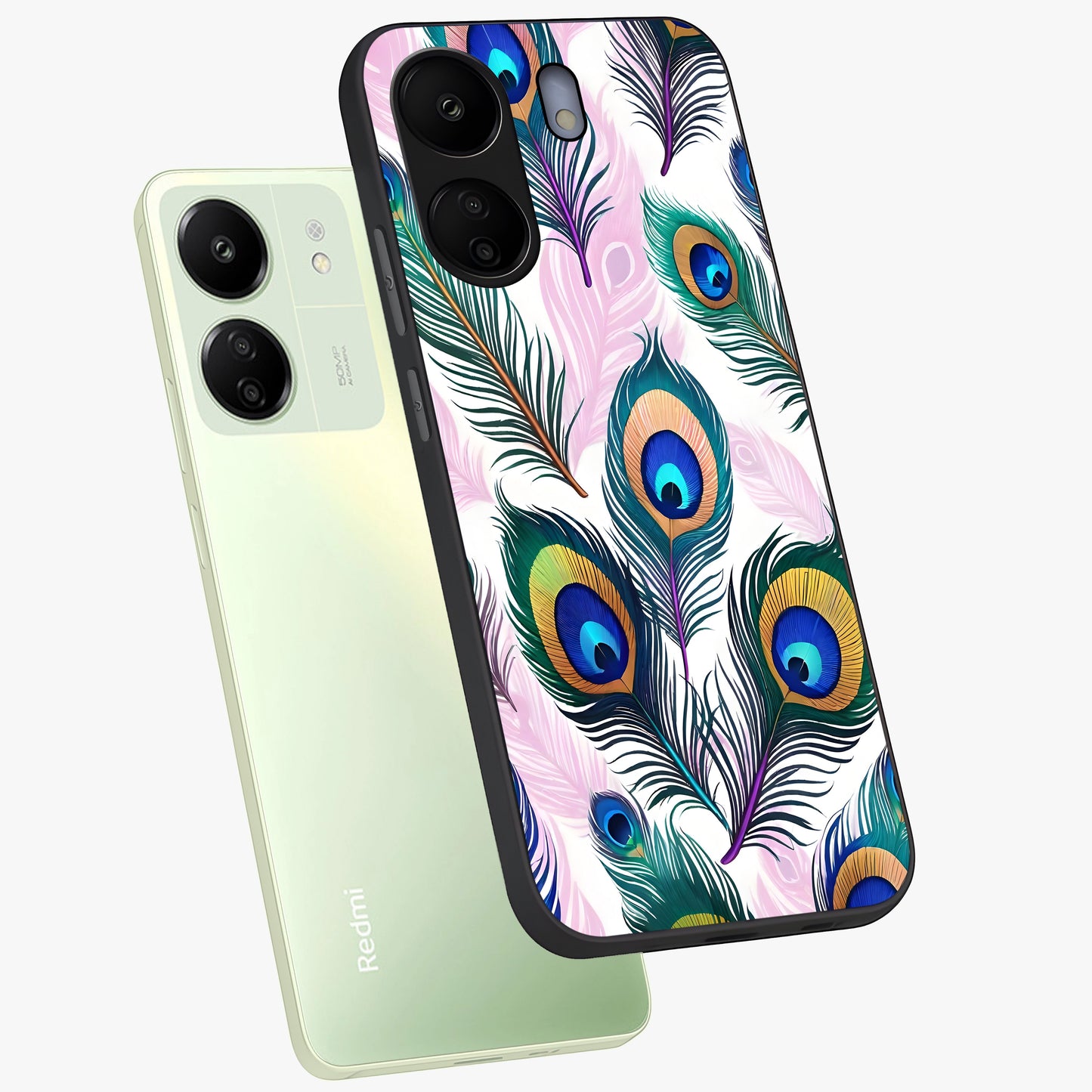 Royal Peacock Feathers Glass Case displayed in angled mockup highlighting vibrant feather pattern with regal aesthetic style.