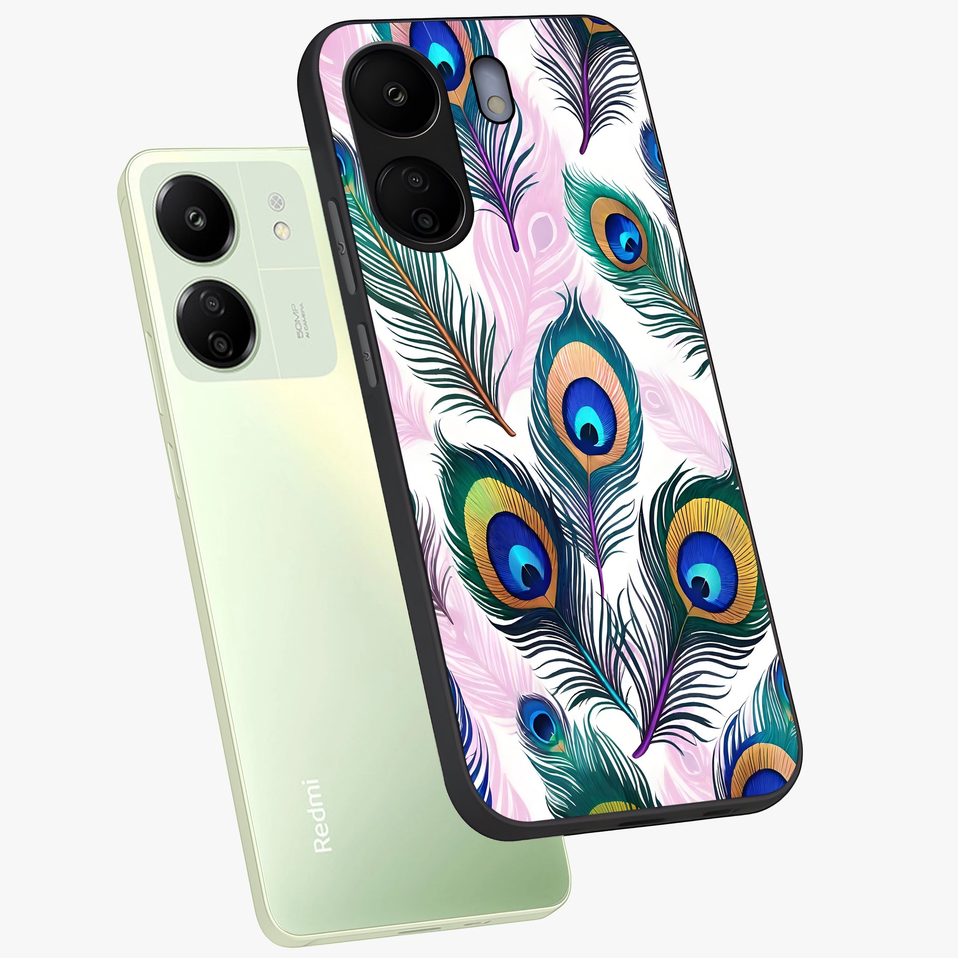 Royal Peacock Feathers Glass Case displayed in angled mockup highlighting vibrant feather pattern with regal aesthetic style.