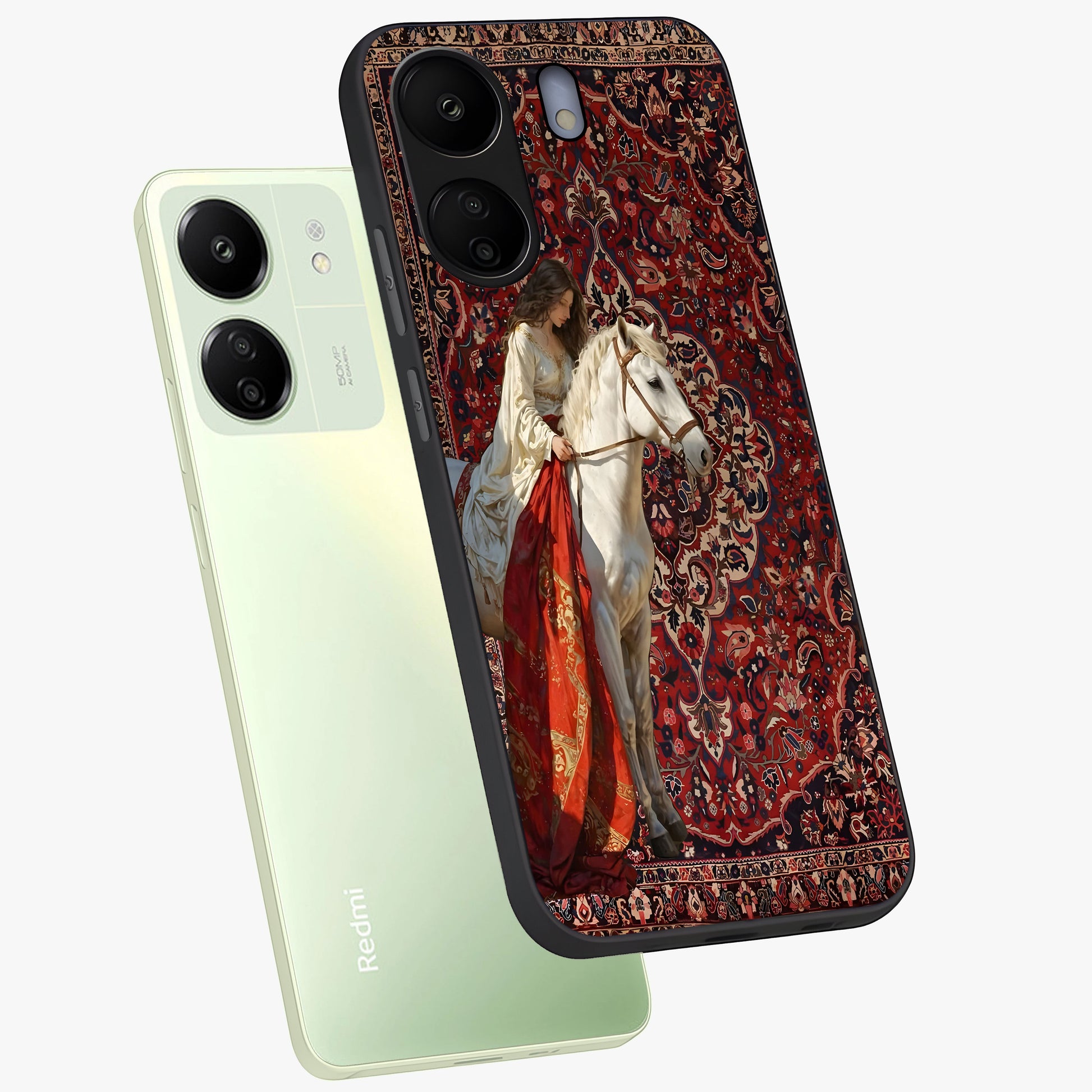 Royal Rider Tapestry Glass Case displayed in angled mockup highlighting traditional tapestry design with royal heritage aesthetic.