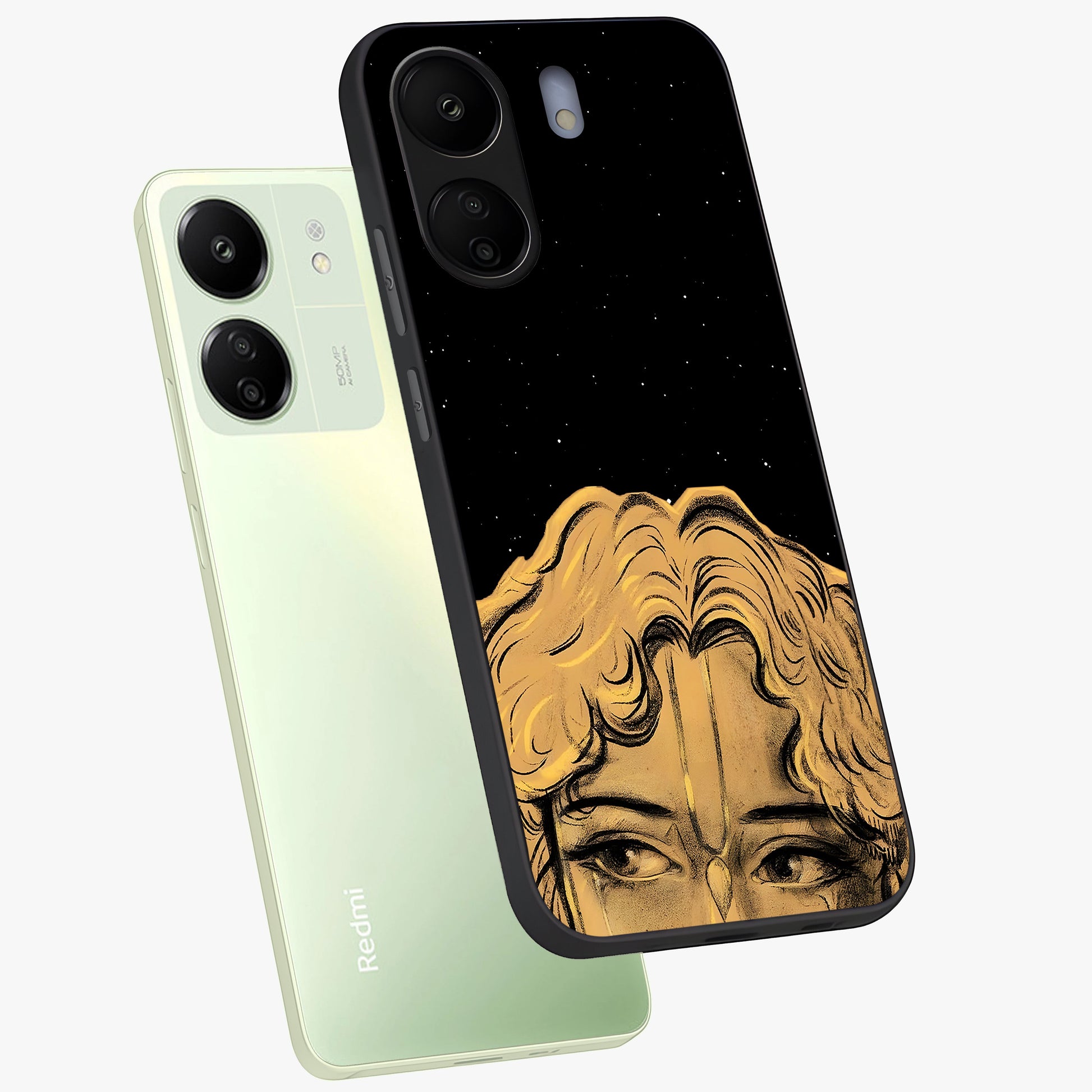 Shri Krishna Art Glass Case displayed in angled mockup highlighting spiritual Krishna illustration with divine aesthetic.