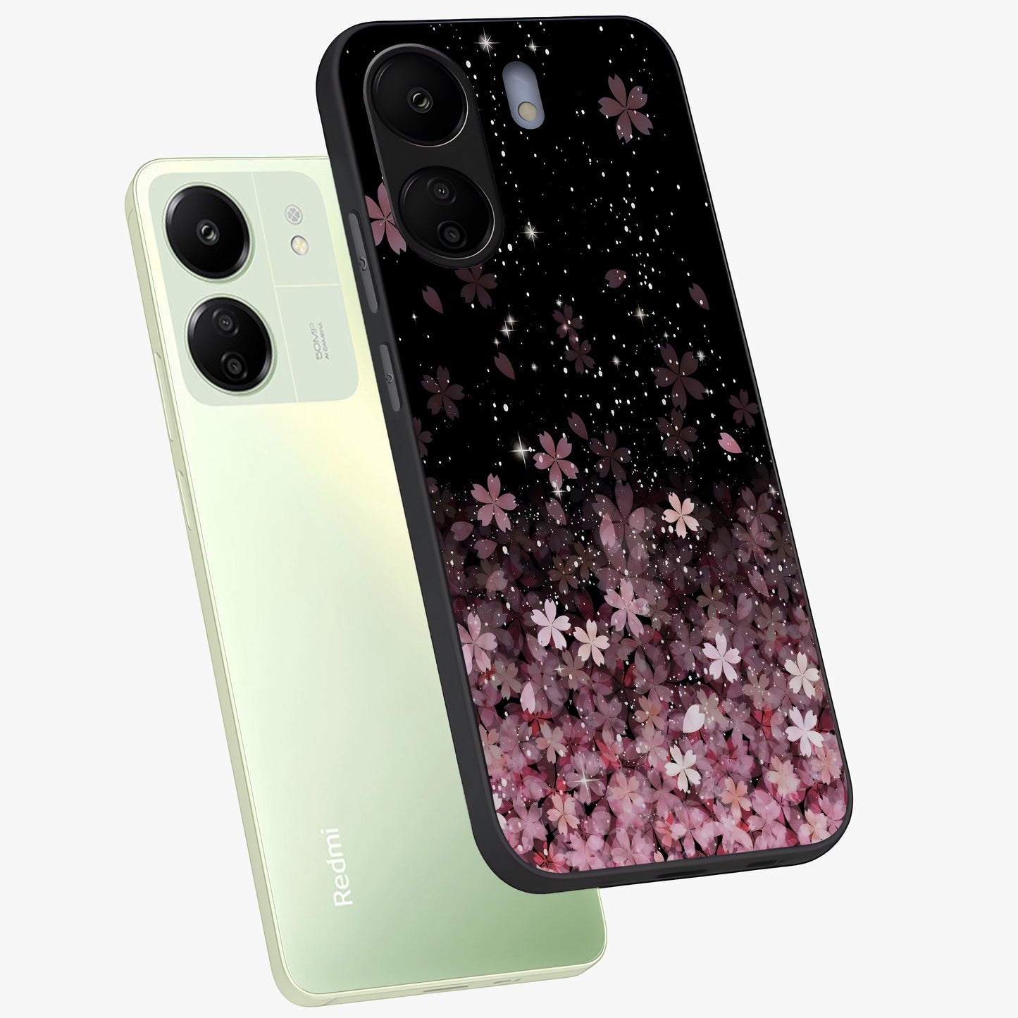 Small Starry Flowers Glass Case displayed in angled mockup highlighting tiny flower pattern with celestial aesthetic style.