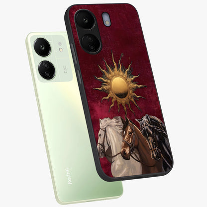 Solar Riders Glass Case displayed in angled mockup highlighting powerful rider illustration with radiant solar aesthetic.