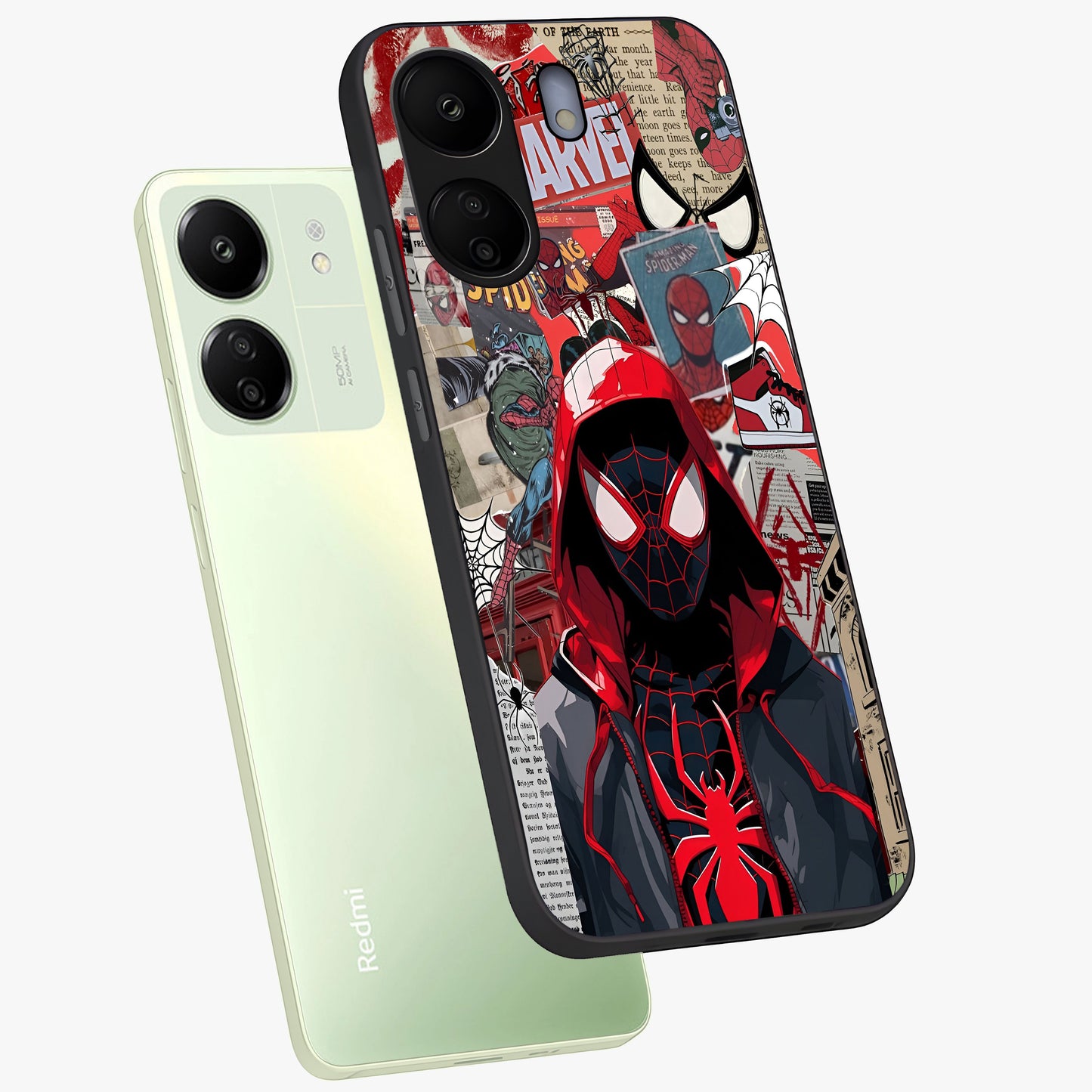 Spider Collage Street Glass Case displayed in angled mockup highlighting dynamic street style collage design with comic aesthetic.