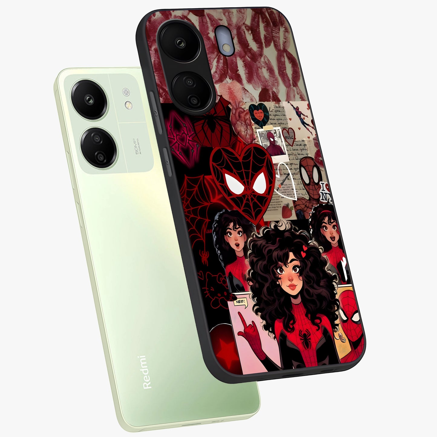 Spider Love Story Glass Case displayed in angled mockup highlighting expressive comic inspired design with playful aesthetic.